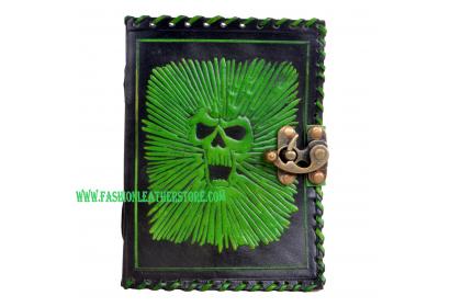 New Genuine Leather Vintage Handmade Leather Journal Wholesaler Skull Embossed Green With Black Antique Diary Journal